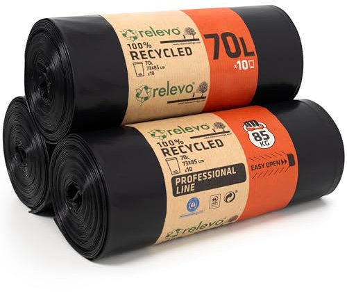 Relevo 30 Stück á 70 Liter Schwerlast-Müllsäcke LDPE 75 μm Stärke - Belastbarkeit 85 Kilogramm, Industriell, Schwarz
