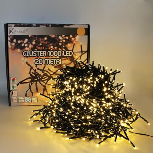 Luccika, Luci a Grappolo Cluster Bianco Caldo, 20 Metri, 1000 LED da Ø 3mm, Catena Luminosa per Albero di Natale, 4 Effetti di Luce, Telecomando, Timer, Cavo Verde IP44, Uso Interno/Esterno