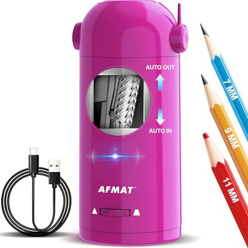 AFMAT Fully Automatic Electric Pencil Sharpener for Colored Pencils 7-11.5mm,Auto in&Out, Rechargeable Hands-Free Pencil Sharpener with Container for School,Home,Classroom,Battery Operated,Purple PSX5