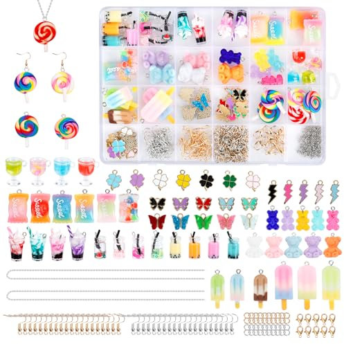 JABNOW Charms Anhänger Set, Ohrringe Selber Machen Set,65 Stück Charms Bubble Tea Schmetterling Bär, DIY Coole Sachen für Ohrringe Halskette Armband und Schlüsselanhänger Mädchen
