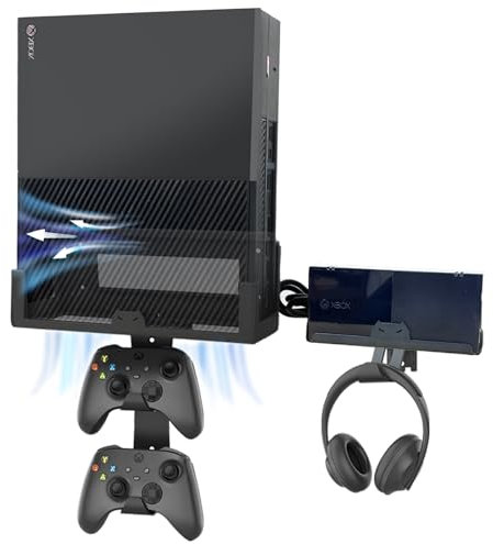 BracNova Supporto da parete per Xbox One, kit di montaggio a parete in acciaio per Xbox One originale e Power Brick Mount-Xbox One supporto con 3 controller staccabili e gancio per cuffie