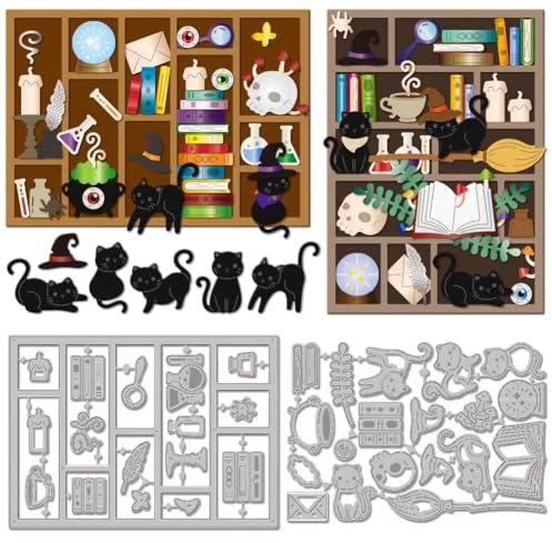 GLOBLELAND Stanzformen Mit Magischer Katze Für Heimwerker Scrapbooking Metall Bücherregal Stanzformen Magischer Besen Stanzungen Für Kartengestaltung Prägung Fotoalbum Bastel Dekor