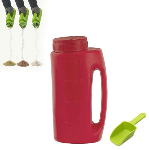 Mehrzweck-Handstreuer, 2 l, Salzstreuer für Schneegras-Samenstreuer, Handstreuer, verstellbare Lochgröße für Samen, Dünger, Salz zum Enteisen oder Granulat jeder Größe, komplett mit Schaufel (rot)