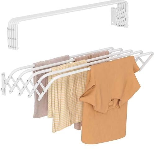 SHANN Tendedero Extensible Pared 120cm - Tendedero Plegable de Pared de Interior o Exterior de Acero Blanco - Tendedro con 5 Barras y 6 Metros de tendido