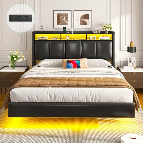 Brinlawb Lit 140x200 avec Sommier, Cadre de lit 140x200cm avec Éclairage LED et 2 Prises CA & 2 Ports USB, Tête de lit Rembourrée avec Rangement, Structure Stable, Effet Flottant, Moderne, Noir PU