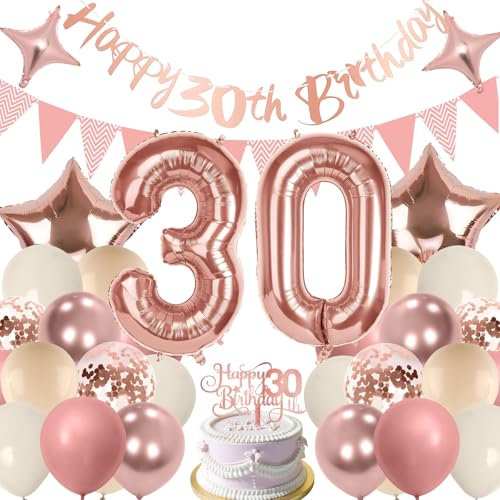 30th Birthday Decorations for Women Rose Gold Number 30 Balloon Happy 30h Birthday Banner Triangle Flag Banner Star Foil Balloons Cake Toppers Ribbon Rubber Hose Party Suppy 30 Years Old Ladies