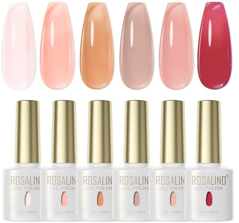 ROSALIND Pintauñas Semipermanentes, 6 Colores Jelly Rojo Rosa Claro Naranja Claro Esmaltes Semipermanentes para Uñas, UV LED Transparente Jelly Effecto Pintauñas Gel para Principiantes, Profesionales