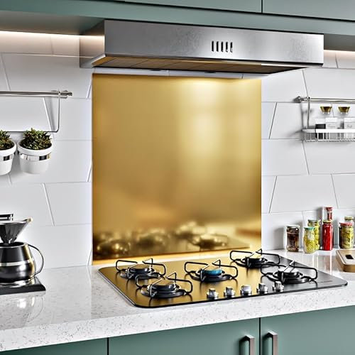 BELOFAY 1mm Thick Stainless Steel Splashback for Kitchen With Golden Brushed Finish, Hob Splashback For Cookers 600x800mm with Adhesice/Glue included