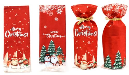 LOMYLM 4pcs Christmas Bottle Bags Wine Gift Bags Red Merry Christmas Soft Cloth Bag Snowflake Gnome Pattern Wine Bag Xmas Party Tableware Decorations Winter Holiday Wedding Birthday Supplies