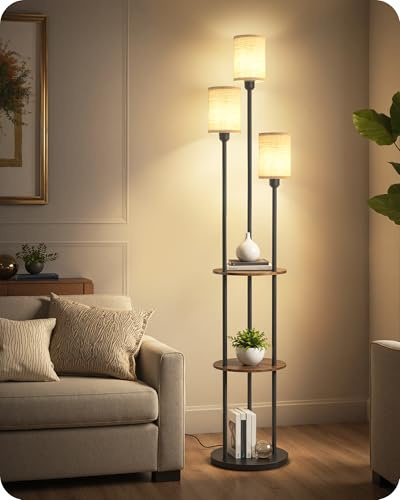 GOEBLESON Stehlampe Wohnzimmer mit Regal, 3-flammige Vintage Stehleuchte | Boho Vintage Standleuchte aus Holz mit Fußschalter, E27 Fassung, Retro Rustikalbraun und Beige ZEF53LDD05