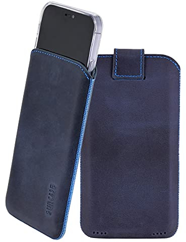 Suncase Leder Tasche mit ZUSÄTZLICHER Hülle Case Handytasche mit Rückzugsfunktion und Magnetverschluss in Pebble-Blue kompatibel mit iPhone 17