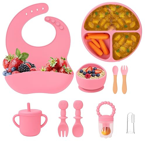LEGTA 10PCS Baby Weaning Set, BPA-Free Silicone Suction Plate, Bowl, Bib, Straw Sippy Cup, 2 Spoons, 2 Forks, Fruit Feeder with Extra Nipple, Toddler Feeding Set (Pink)