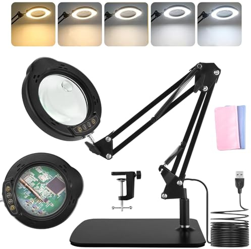 IGUGI Lupe mit Licht und Klemme,10-15X LED Beleuchtete Lupe mit Licht und Ständer,5 Farbmodi und stufenloser Dimmbarkeit LED Schreibtischlampe,Hände Frei Leselupe für Basteln,Lesen,Löten,Nähen