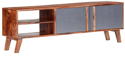 GeenYuu TV-Schrank Grau 140x30x45 cm, Massivholz mit Heller Lackierung, robuster Tisch TV Ständer für Wohnzimmer, praktischer Fernsehschrank mit Stauraum