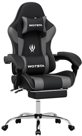WOTSTA Chaise Gaming, Ergonomique Fauteil Bureau, Hauteur Réglable, Siege Gaming avec Repose-Pieds TÉlescopique, Chaise Bureau avec Support Lombaire, Dossier Inclinable à 135° Noir et Gris