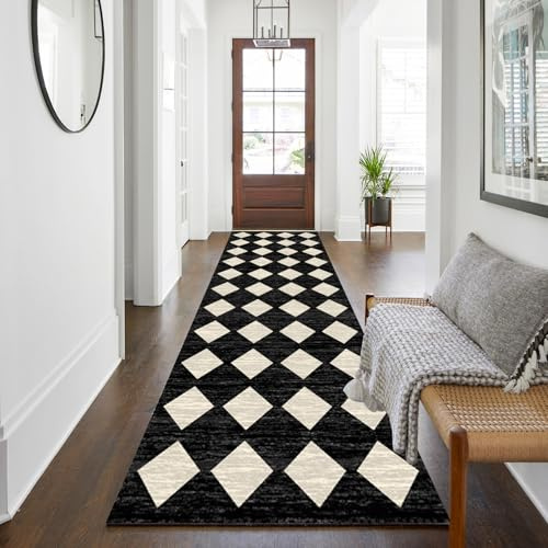 WTHYGB Teppichläufer 80 x 200 cm, rutschfest Waschbar | Küchenläufer mit Geometrie Design aus Polyester, 6mm Dicke für Flur, Eingang, Küche, Wohnzimmer & Büro, Schwarzweiß
