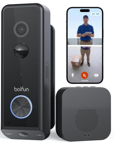 BOIFUN 2026 WLAN Video Türklingel mit Kamera, Dual Kameras für Paketschutz | 2K Full HD Farb-Nachtsicht, Akku oder kabelgebunden, Alexa-kompatibel, KI-Personenerkennung, Ohne ABO, 2,4 GHz, IP65