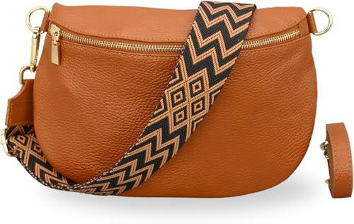 Brise Art AFIA Damen Bauchtasche Echtleder Handgefertigt Crossbody Bag | Damen Umhängetasche, Echtes Leder, Schultertasche mit Ledergurt & wahlweise gemustertem Riemen, 3 Fächer, Made in Italy
