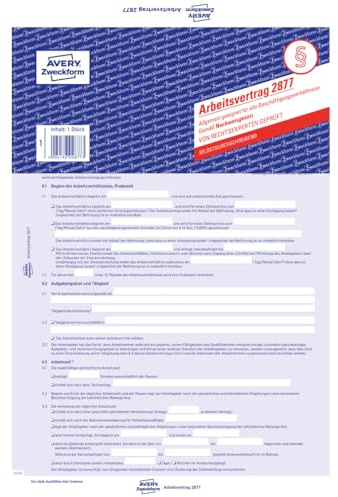 Avery Zweckform 2877 Arbeitsvertrag, DIN A4, für gewerbl. Arbeitnehmer, blau