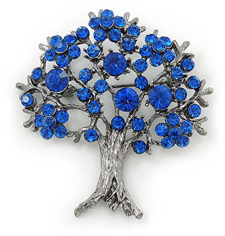 Broche Arbre de vie cristal bleu saphir en finition métal vert-de-gris