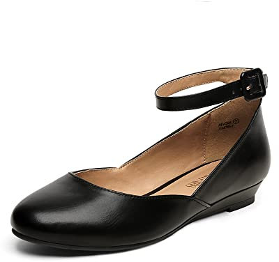 DREAM PAIRS Women's Ballet Flats Pumps Ballerina Ankle Strap Elastic Low Wedge Sandals Round Toe Comfy Dolly Shoes,Size 6,Black/PU,REVONA