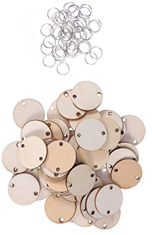 WINOMO 50pcs Natural Unfinished Wood Squares Craft Slices for Crafts with Iron Loops DIY Kit Round Wooden Birthday Reminder Home Decor Discs Log Slice