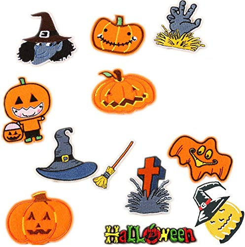Assorted 12pcs Carved Pumpkin Tombstone Ghost Embroidered Iron On Patches Witches Hat Sew On Appliques Halloween Motif for Clothing Decoration