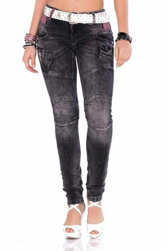 Cipo & Baxx Damen Jeanshose – Damenjeans mit Used Look & Destroyed Style, Modische Hose mit Patches, Nieten & Zierdetails