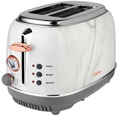 Tower Bottega T20016WMRG 2 Slice Stainless Steel Toaster with Adjustable Browning Control, Defrost and Reheat Settings, White Marble and Rose Gold