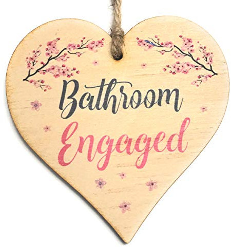 Engaged Vacant Bathroom Door Sign - Double Sided Wooden Heart Shaped Plaque – Decorative Cherry Blossom Design by Maisie Moo – Includes Hanging Twine