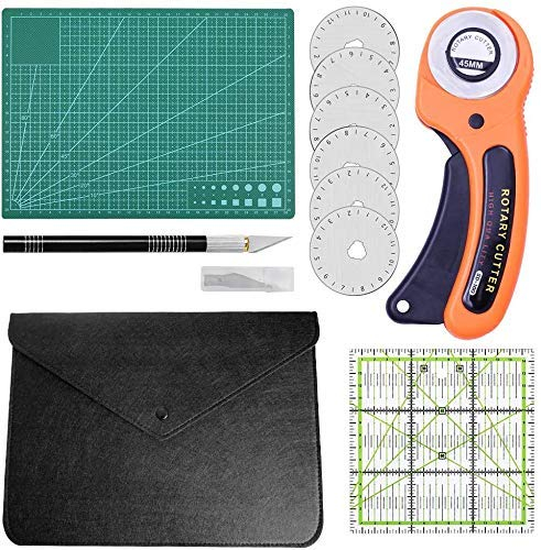 10 Stücke Rollschneider Set, 45mm Rotary Cutter Set, Stoffschneider mit Ersatzklingen, Schneidematte, Patchwork Lineal, Bastelmesser für Stoffschneiden und Nähen