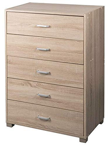 BAKAJI Mobile Cassettiera Mobiletto 5 Cassetti in Legno MDF Pomelli in Metallo Design Moderno Arredamento Casa Camera da Letto Colore Quercia (68 x 40 x 100 cm)