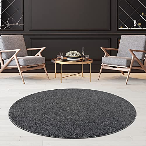 Fashion4Home Teppich Wohnzimmer – Einfarbig, Uni Teppich fürs Kinderzimmer, Schlafzimmer, Arbeitszimmer, Büro, Flur und Küche - Kurzflor, Grau, Größe: 80 cm Rund