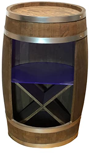 weeco Holzfass Bar LED RGB Weinregal und Glasregal - Hausbar, Fassbar - Rustikal Bartisch mit Holz - Fass 80cm - Minibar Whisky, Bier, Wein - Alkohol Geschenke für einen Mann - Wandbar