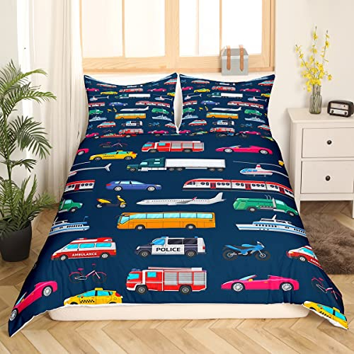 Bettwäsche-Set für Jungen, Polizeiauto, Schulbus, Bettbezug, 135 x 200 Feuerwehrauto, Rettungsfahrzeuge, Hubschrauber, Bettbezug, Polizei, Abschleppwagen, Schlafzimmerdekoration für Kinder