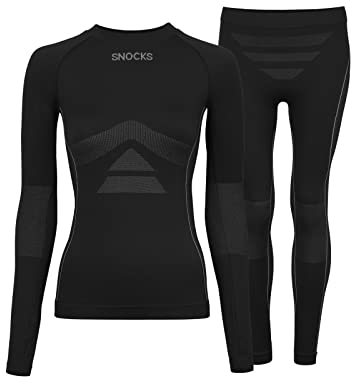 Snocks Thermounterwäsche Damen - Perfekte Passform, atmungsaktive Skiunterwäsche - Wärmeisolierende Funktionsunterwäsche für Wintersport - Gr. XS Schwarz