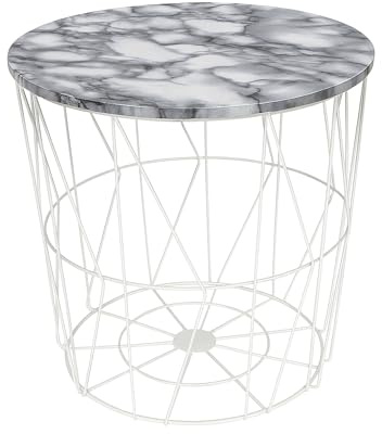 Round Side Table Wire Metal Storage Basket Modern Tea Table with Removable Wood Top for Hallway, Living Room, Bedroom, or Office Decor Sidetable (White Marble Pattern Lid, Large)