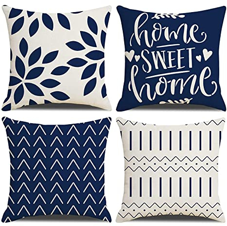 OCEUMACO Leinen Kissenbezug 40x40 Home Sweet Home Kissenhülle 4er Set Quadratisch Dekokissen Sofakissen Bezug für Couch Beige Dunkelblau Muster Kissen Kissenbezüge Deko Zierkissen Couchkissen