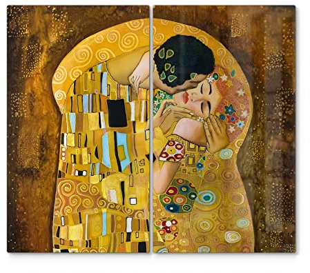 DEQORI Herdabdeckplatten Glas | 2er Set 60x52 cm | Motiv Der Kuss von Gustav Klimt | Ceranfeld Abdeckplatten in Küche | Herd-Abdeckungen universal | Glasplatten & Schneidebretter für Kochplatte