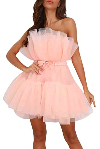 Robe en tulle pour femme - Tutu - Robe d'été sexy - Sans épaules - Robe de fête - Robe de soirée courte - Robe de cocktail - Robe de princesse - Robe de bal en tulle, Rose, L