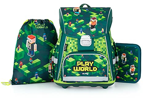 OXY BAG Schulranzen 3 tlg PREMIUM Playworld Motiv Ergonomische Schulrucksack Set Ergonomisch, 27L, Reflektoren, mit Etui & Sportbeutel Schulset mädchen für 1. - 3. Klasse Back to School