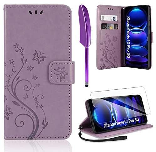 AROYI Lederhülle Kompatibel mit Xiaomi Redmi Note 12 Pro 5G (Nicht für 4G) Hülle und Schutzfolie,Flip Wallet Handyhülle Leder Tasche Kartensteckplätzen Schutzhülle Lila
