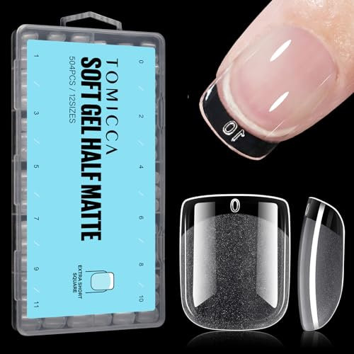 TOMICCA Extra Short Square Shaped Nail Tips - 504PCS Half Matte Soft Gel, No File Needed- Full Cover False Nails, Clear Acrylic & Strong Tips for Press On Extension - 12 Sizes