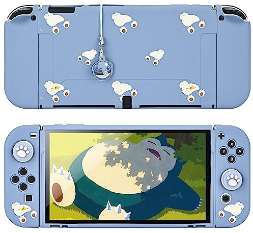 DLseego Funda Protectora Compatible con Switch OLED,Carcasa Delgada Suave al Tacto con 2 Tapas de Agarre para el Pulgar y Abalorio de Bolas de Elfo,Absorción de Golpes y Antiarañazos,Gris y Azul