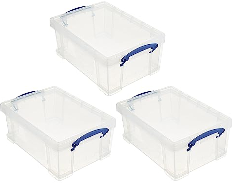 Really Useful Box Stackable 9 Liter Plastic Storage Container Bin with Snap Lid and Built-In Clip Lock Handles for Home & Office Organization (3 Pack)