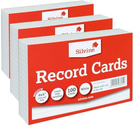 Silvine A6 White Record Cards - Lined with Headline, 100 Cards Per Pack (Size 6x4) (Pack of 3)