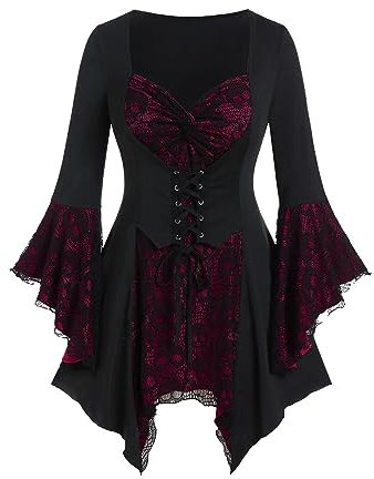 AMhomely Halloween Vintage Witch Gothic Fancy Dress - Puff Sleeve Tunic with Frill - Elegant Blouse Tops Medieval Costume Color Patchwork Ladies Goth Corset Tops Wine S