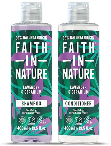 Faith In Nature Natural Lavender & Geranium Shampoo and Conditioner Set, Nourishing, Vegan & Cruelty Free, No SLS or Parabens, For Normal to Dry Hair, 2 x 400ml Pack