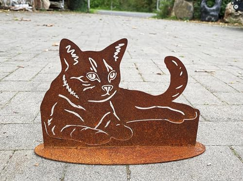Gartenfigur getigerte Katze liegend auf Platte 20x28cm Edelrost Gartendeko Wetterfest Rost Metall Rostfigur Katzen Tier von Steinfigurenwelt