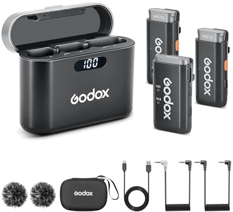 GODOX WEC kit2 Microfono lavalier wireless 2.4G a doppio canale,Durata batteria 8 ore, portata 200 m, cancellazione del rumore con custodia di ricarica per fotocamere, smartphone, PC, TikTok, YouTube